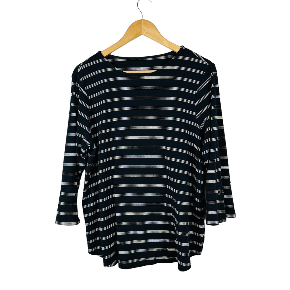 J. Jill Womens Pima Tie Sleeve Tee Black Striped Size Large 3/4 Sleeves Casual